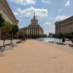 Looking toward the start of the historical centre in Sofia, Bulgaria. There's an archaeological display under those glass domes.